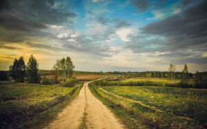 A rural landscape of a country dirt road meandering through fields